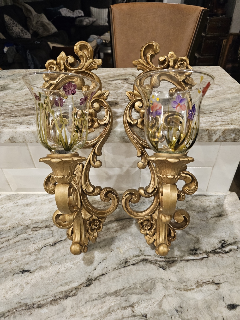 Ornate Gold Wall Sconces with Hand-Painted Glass Shades MCM Unique VOTIVES